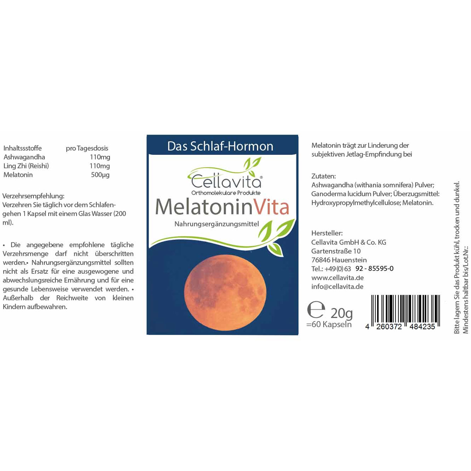 Melatonin Vita mit Ashwagandha & Ling Zhi 60 Kapseln von Cellavita - Etikett