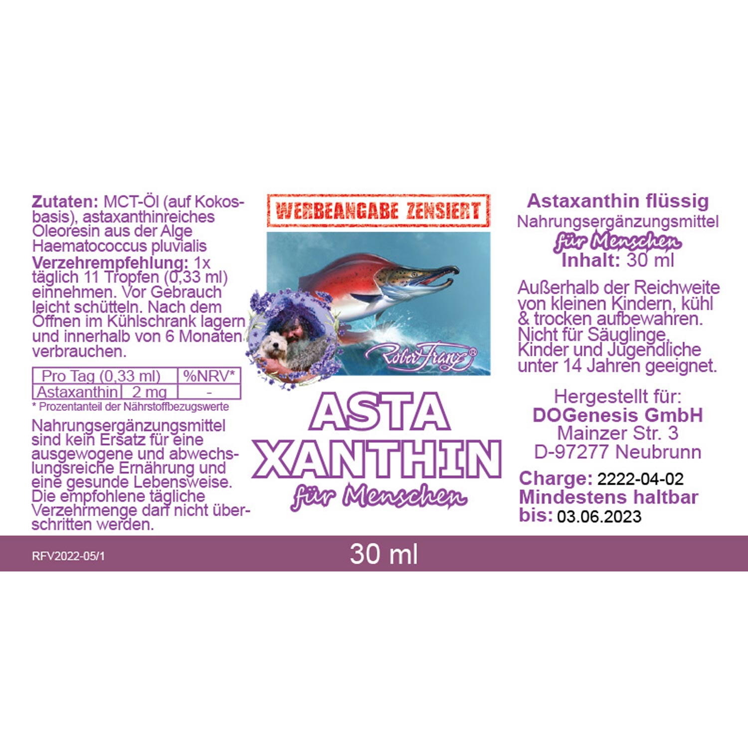 Astaxanthin von Robert Franz - Etikett