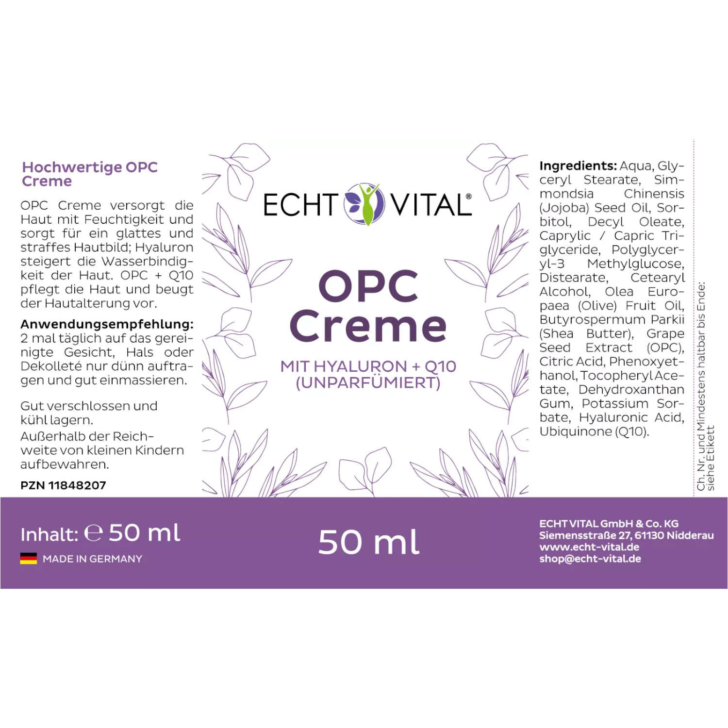 OPC Creme von ECHT VITAL - Etikett