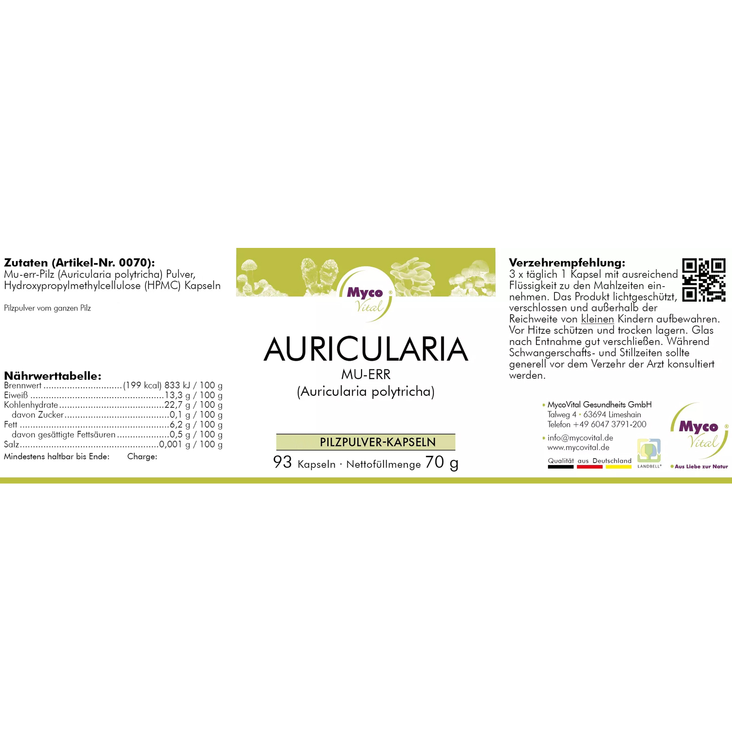 Auricularia von Mycovital - Label