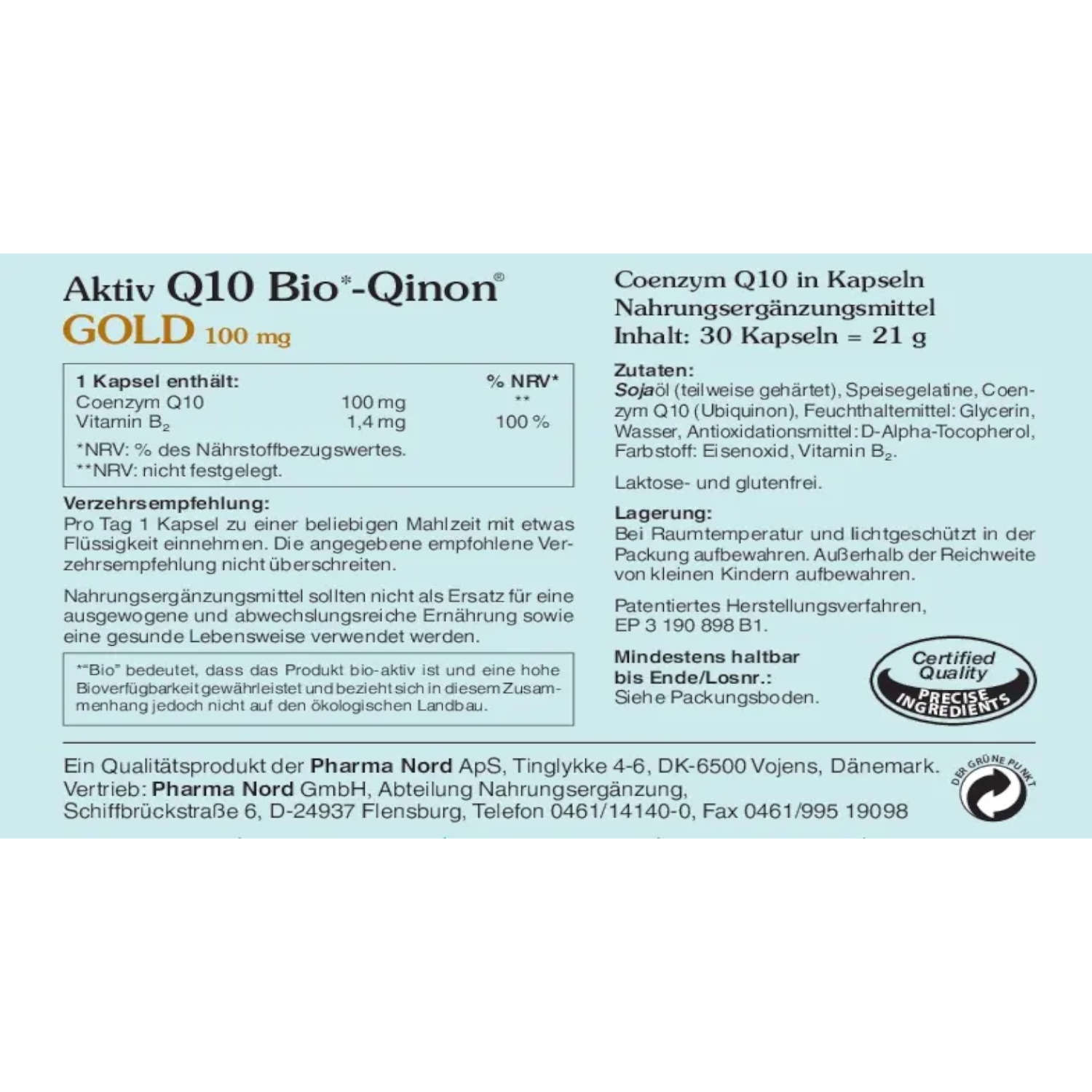 Q10 Bio-Qinon Gold 30 Kapseln von Pharma Nord - Etikett