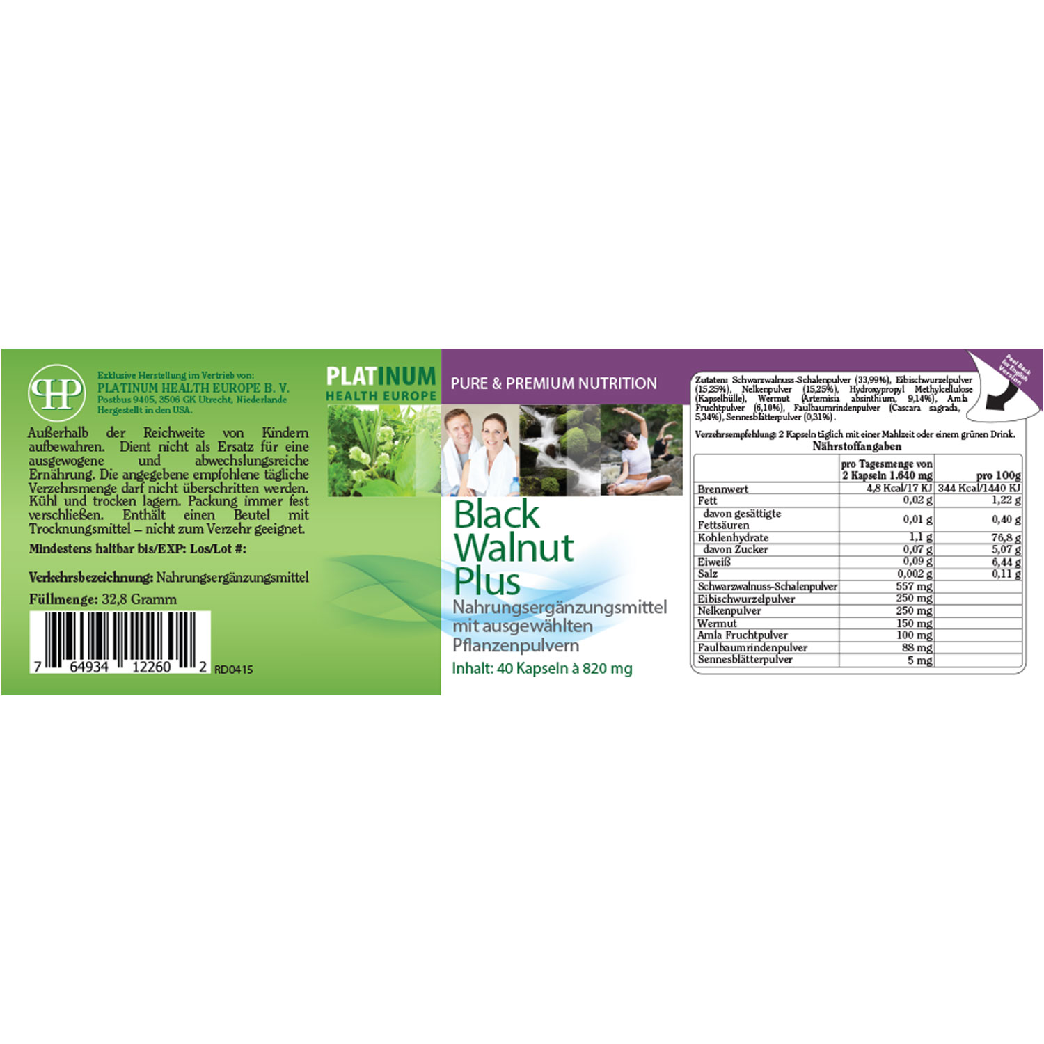 Black Walnut Plus von Platinum Health - Etikett