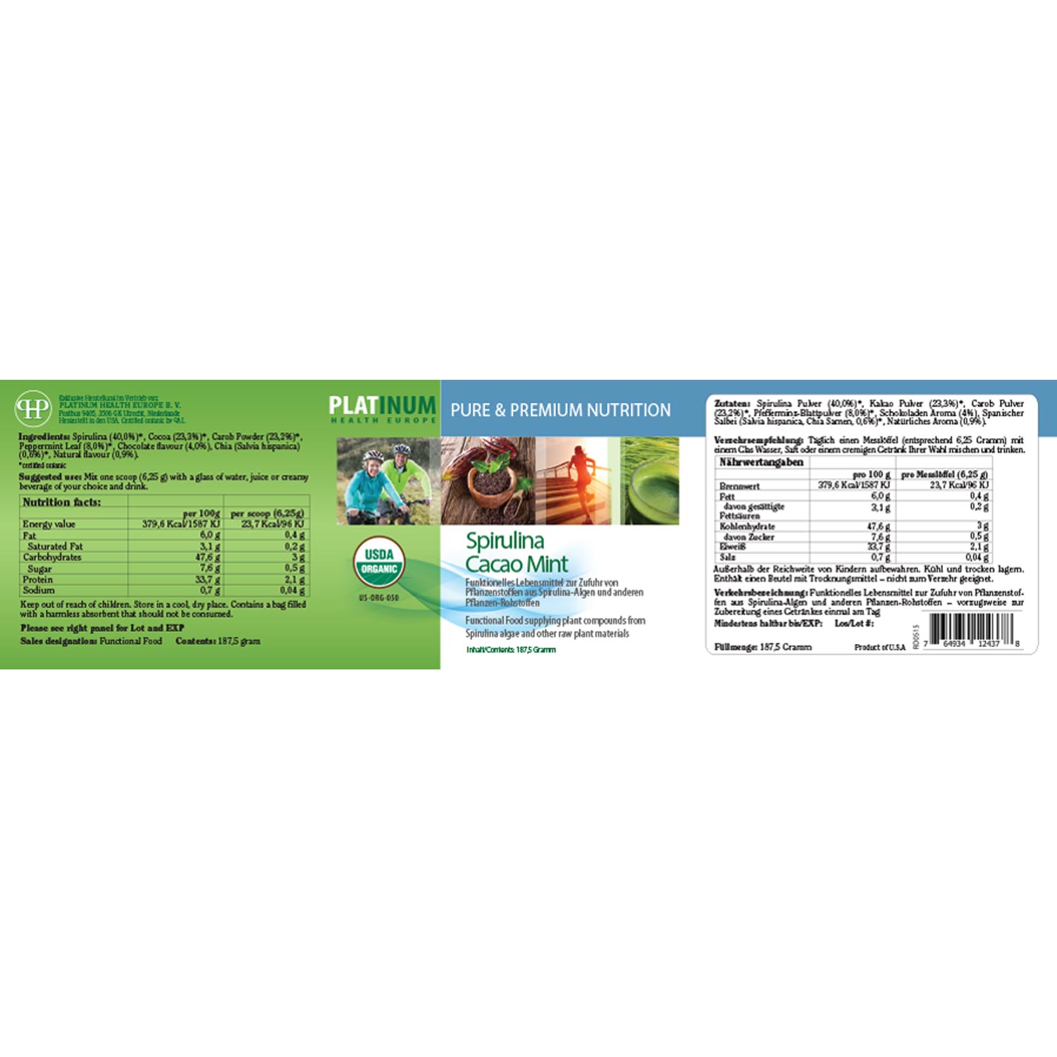 Cacao Mint Spirulina von Platinum Health - Etikett