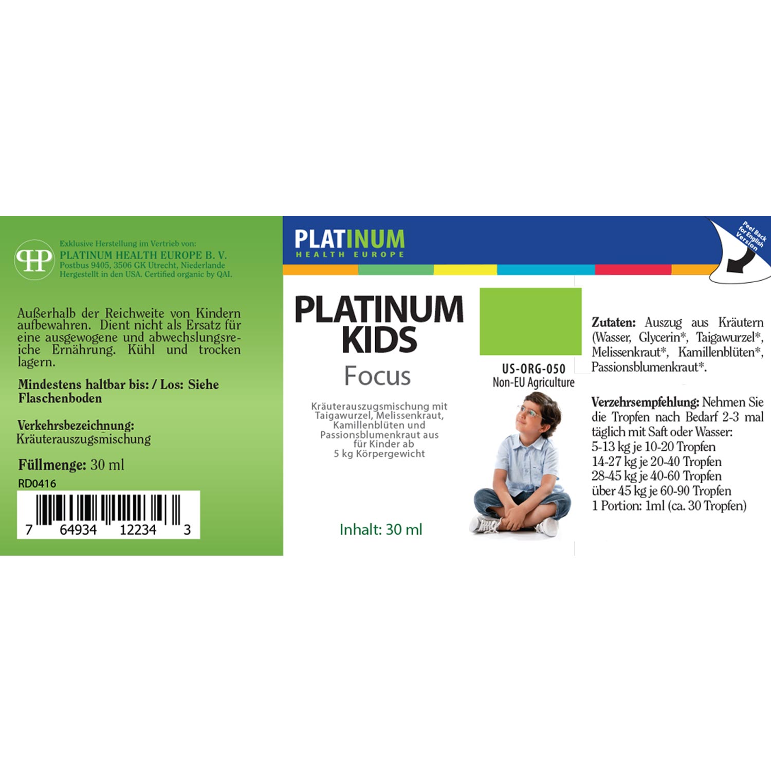 Kids Focus von Platinum Health Europe - Etikett