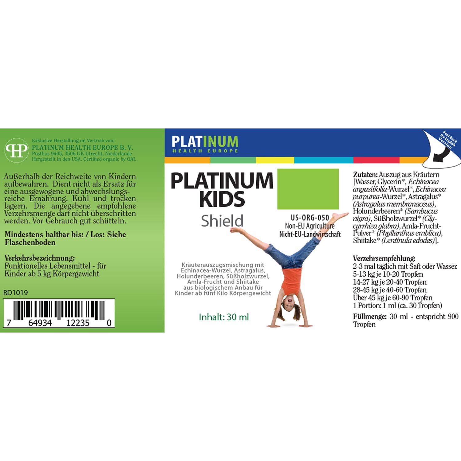 Kids Shield von Platinum Health Europe - Etikett